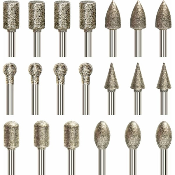 20 kappaleen timanttihiontakärkisarja, kaiverruskärkisarja 3 mm:n (1/8\") varrella, timanttipäällysteinen poranterä kiventyöstöön, yleiskäyttöinen pyöriviin työkaluihin