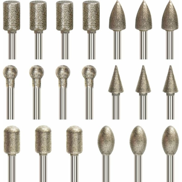 20 st slipande roterande borr set, gravyrbit set med 3 mm (1/8\") skaft, diamantbelagd borr för stensnideri, universell passform för roterande verktyg