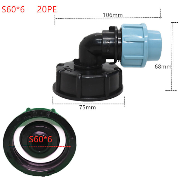 IBC-säiliöadapteri S60 x 6 - Liitin vesiletkuliitäntään (20 mm kyynärpääulostulo)