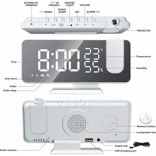 Radioprojektionsväckarklocka med LED-skärm, stor skärm, temperatur och luftfuktighet, elektronisk klocka för sovrum, kök, present - vit skal, digital vit