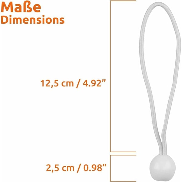 50x bungee-snören, elastiskt set, elastiska krokar med plastkula, tältgummi för presenningar, paviljonger, tält, högspänning vit