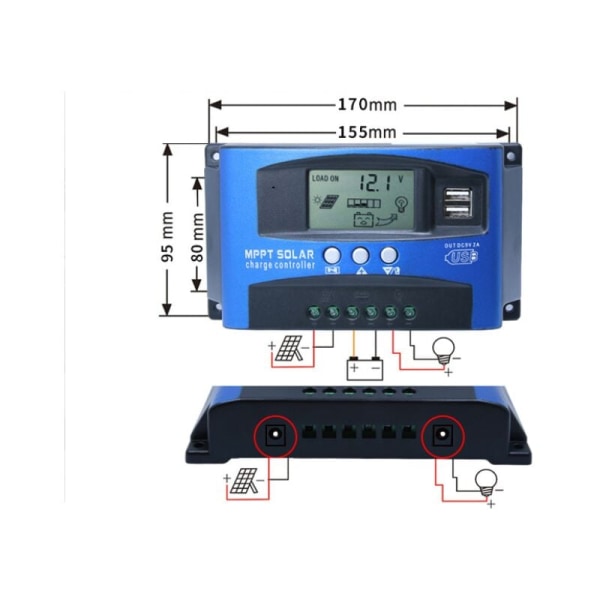 40A MPPT solcellsladdningsregulator, 12V 24V USB solpanelbatteriregulator smart batteriregulator med LCD-display (40A)