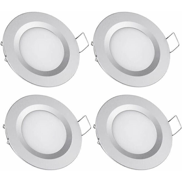 4 x LED Inbyggd Spotlight 12V Hål 58-65mm 3W 6400K Inbyggd Taklampa för Husbil Båt Husvagn Van Yacht Kalla Vit (Silver Finish)