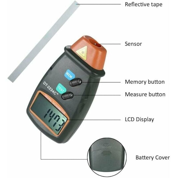 Digital Turteller, Kontaktløs Turteller, LCD Digital Turteller, Turtellerområde 2,5 RPM-99.999 RPM, med 3 Reflekterende Strimler og Blå Klutpose