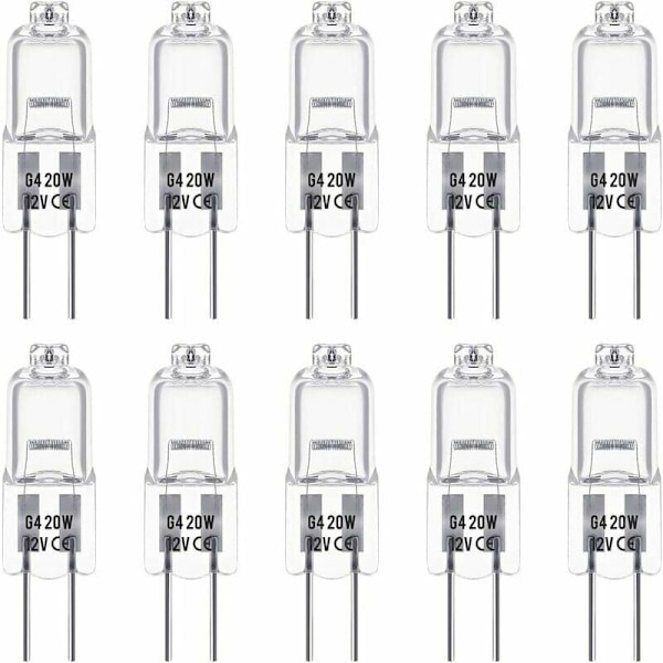 10 kpl G4 halogeeni lamppuja, 12V ja 20W. Nämä lamput säteilevät 3000K lämpimän valkoista valoa, kirkkaus 350 lumenia. Ne ovat himmennettäviä ja niillä on pitkä