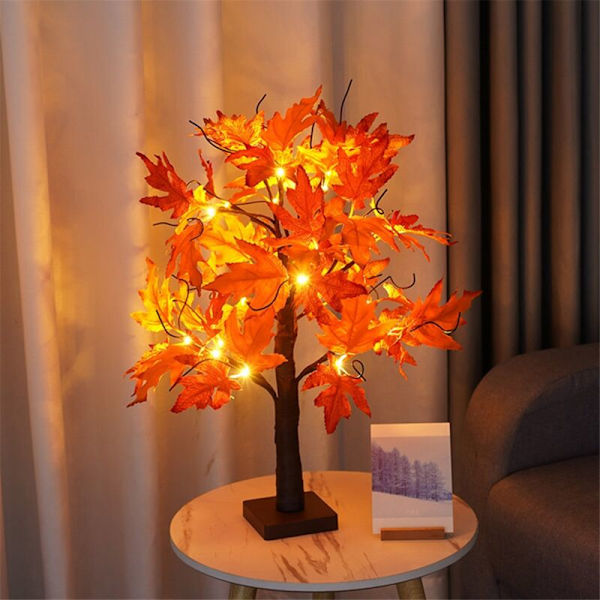 Efterårsdekoration i form af ahornblad med 24 LED'er, 60 cm træ med efterårsblade, dekoration til efterårsbord