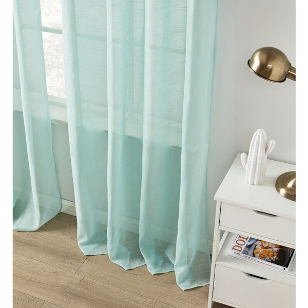 Korte, halvtransparente gardiner i voile med huller i lin-look, for stue, soverom, barnerom, blå, 160×140 cm (H×B), sett med 2 - DENUOTO