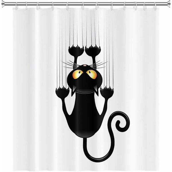 180x180cm Sort Kat med Poter Bruseforhæng Sød Sjov Kat Kitty Badeforhæng Hvid Baggrund Polyester Badeforhæng til Badeværelse med Kroge