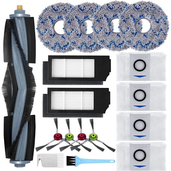 Tilbehør til Ecovacs Deebot X1 Omni / X1 e Omni / X1 Turbo støvsuger, 1 Hovedbørste, 4 Sidebørster, 4 Mop, 2 Filter, 4 Pose, 2 Rengøringsbørster