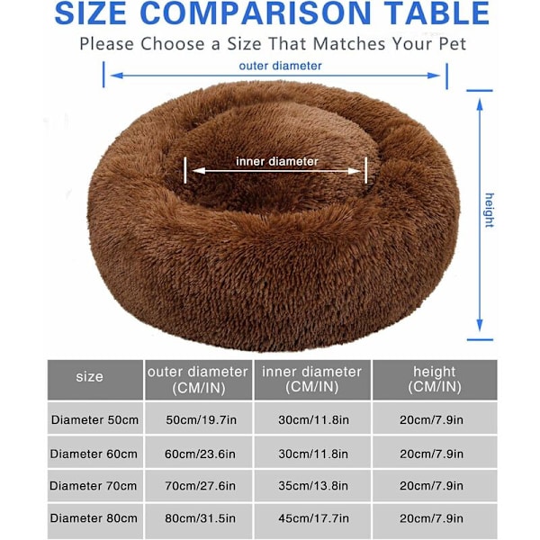 Rund Hundekurv Kattepude Donut Kurv, Hundekurv Katteseng Ekstra Blød Behagelig og Sød, Pude til Mellemstore Katte og Små Hunde, 70cm, B