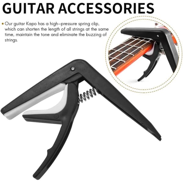 Gitarrtillbehör inklusive akustiska strängar, kapo, stämapparat, plektrum, stränglindare, mutter, sadel, bryggpinnar