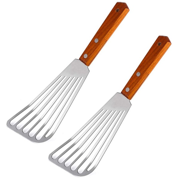 2X Stainless Steel Fish Spatula, Wood Handle, Slotted Turner, Kitchen Metal for Frying