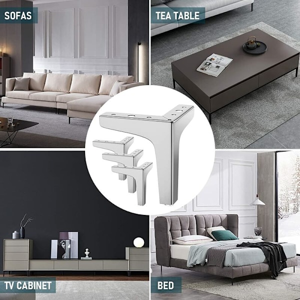 Sæt med 4 Møbelben, Belastning Op til 800 kg, 10 cm Moderne Metal Trekantformet Bordben, Hårnålsben til Skab, Sofa, med 16 Skruer og