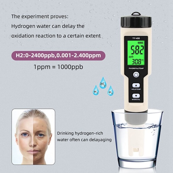 Ny Yy-400 Hydrogen Ion Koncentration Kvalitetstest Pen Ph/ORP/H2 og Tem 4 i 1 Digital Drikkemeter