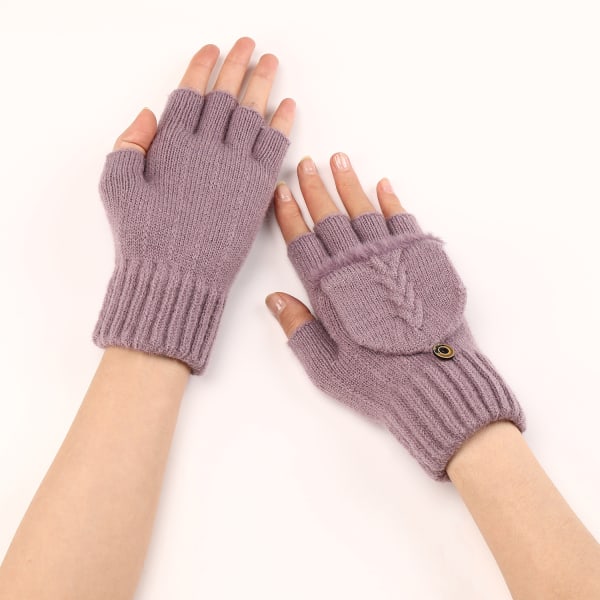 Korta uppfällbara handskar i ylle för kvinnor, varma och moderiktiga stickade halvfingerärmar (lila)