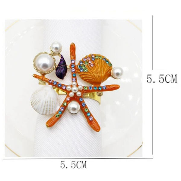 6 stk sett sjøstjerne serviettringer, perle rhinestone nautisk hav serviettringholder for bryllupsfest, borddekor, etc., oransje