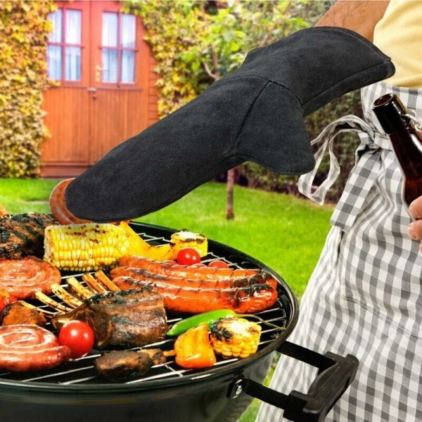 Takan ja grillin hanska lämmöneristyksellä, nahkainen uunin hanska, liekinkestävä suojahanska, grillihanska, lämmönkestävä nahkahansikas, musta