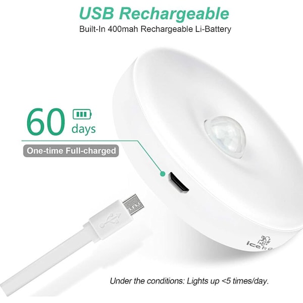 Automatisk LED nattlys, innendørs bevegelsessensor, 3 moduser (auto/på/av), LED skaplys, USB-oppladbart lys for utstillingsvinduer, kjøkken (3 stk)