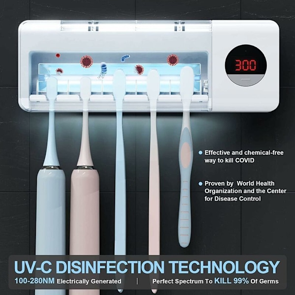 Väggmonterad tandborsthållare med UV-desinfektionsfunktion, 2000 mAh laddning, timerfunktion, [Energiklass A+++]