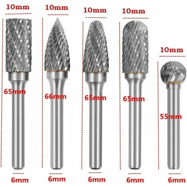 5 stk 6mm skaft 10mm hoved wolframcarbid dobbelt skåret roterende burrsæt til træbearbejdning gravering slibemaskine udskæringsburrsæt