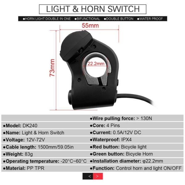 Ebike Switch DK240 med QD168 Frontlight DR001 Bakljus Varningsblinkers Ebike Tillbehör