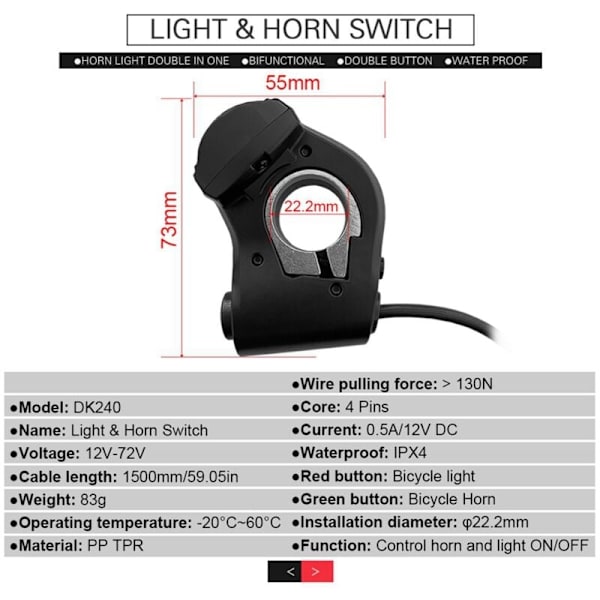 Ebike Switch DK240 med QD168 Frontlygte DR001 Baglygte Advarsel Blinklys Ebike Tilbehør