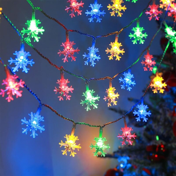 Solcelle-lysstreng for utendørs, 30 LED 6,5m Vanntette Lys Dekorasjon Snøfnugg Juledekorasjon for Soverom Hage Patio (Farge)