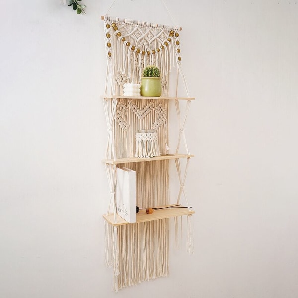 3-etasjes flytende vegghyller i makramé til soverom, bad, barnerom, boho veggdekorhyller for blomsterpotte