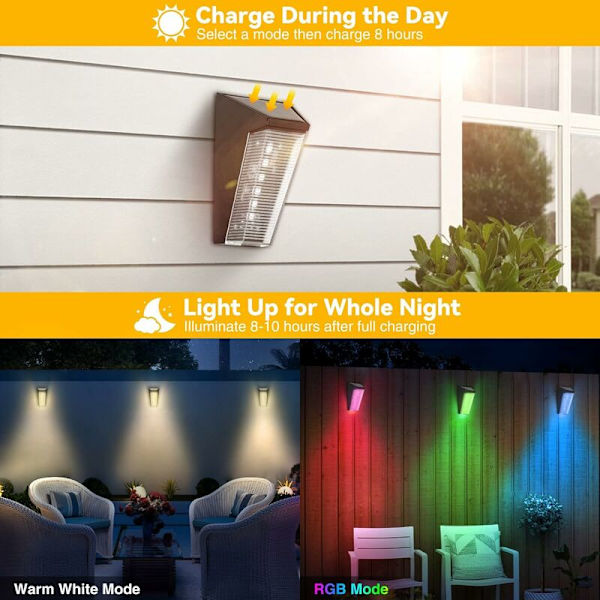Solcellsdrivna Utomhusvägglampor, 2-pack Vattentäta Solcellsdrivna Utomhusvägglampor 5 Lägen RGB och Varmvitt Solcellslampor för Vägg Staket Pati