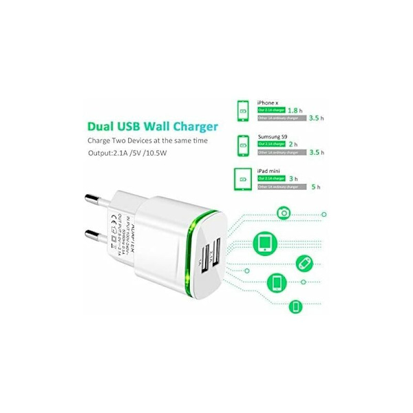 USB-strømuttaklader, 2-pakning 2.1A 5V 2 porter universell LED-strømadaptererstatning for iPhone 11 XR X XS Max 8 7 6 6S Plus 5S, Samsung Galaxy/