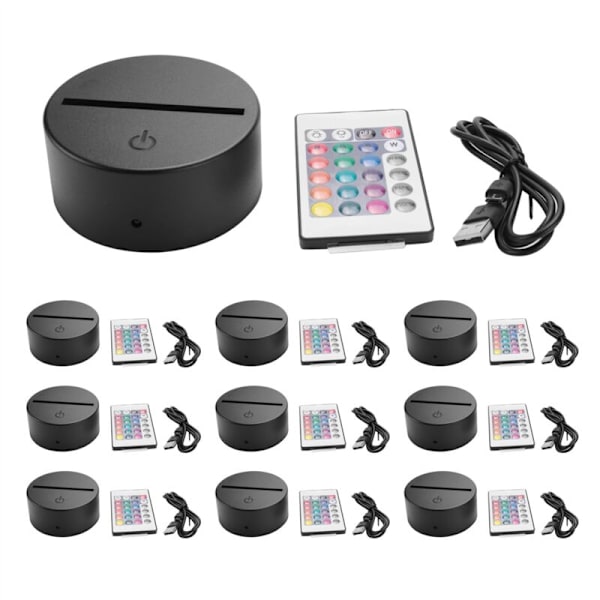 10-pack 3D LED-nattlampa-bas + fjärrkontroll + USB-kabel, 16 färger ljusshow-display för svart akryl