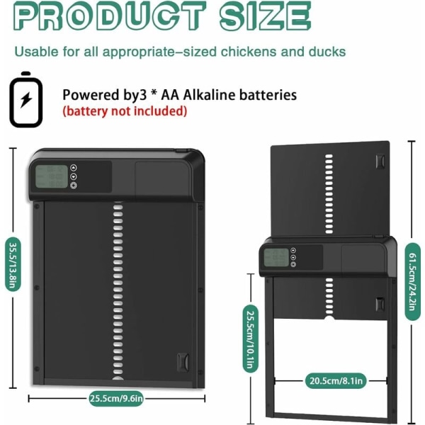 Automatisk hönshusdörr, aluminium hönsdörr med timer, klämskyddsfunktion. Vattentät automatisk hönshusdörr, batteridriven, El