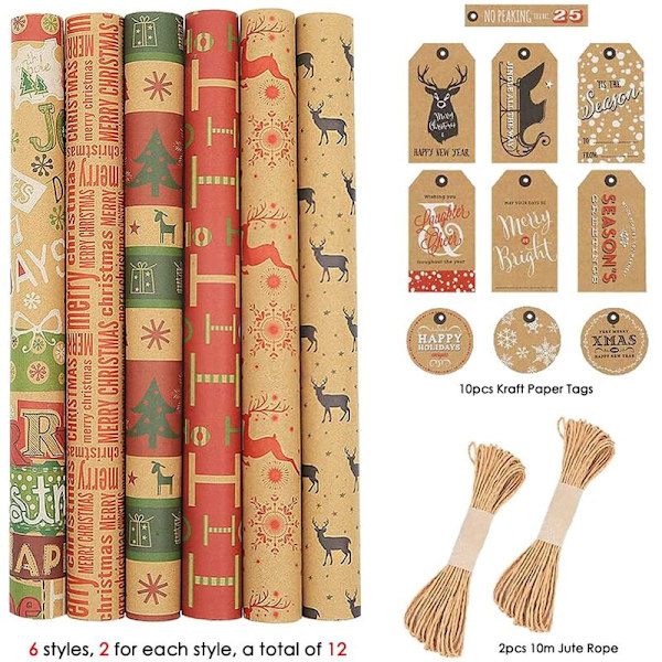 6-pack presentpapper, för jul- och födelsedagsförpackningar, presentpapper