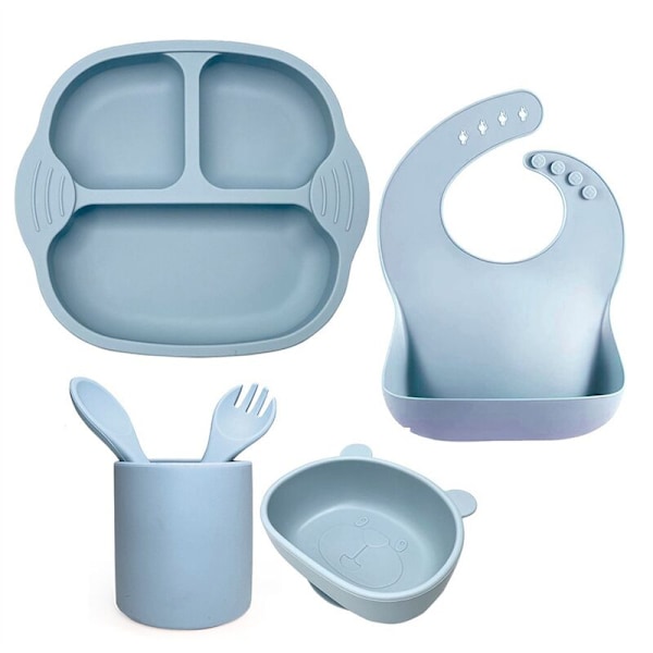 6Pcs Silicone Feeding Set, Toddler Utensils, with Suction Cup Toddler Dishwasher Safe Gray Blue