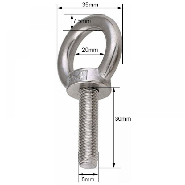 6 Stykker Tråd Lengde 30mm Nylon Låsemutter og Låseskiver, 304 Rustfritt Stål Ekstern Gjenget Bolter Marine Øyebolter M8