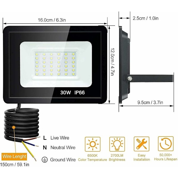 30W Ulkovalaistus LED-valokeila, 6500K Ulkovalaistus Turvavalo, Ulkovalaistus LED-spotit, 2700LM Ulkovalaistus LED-lamppu, IP66 Vedenkestävä Patiolle, Puutarhalle, Ajoradalle