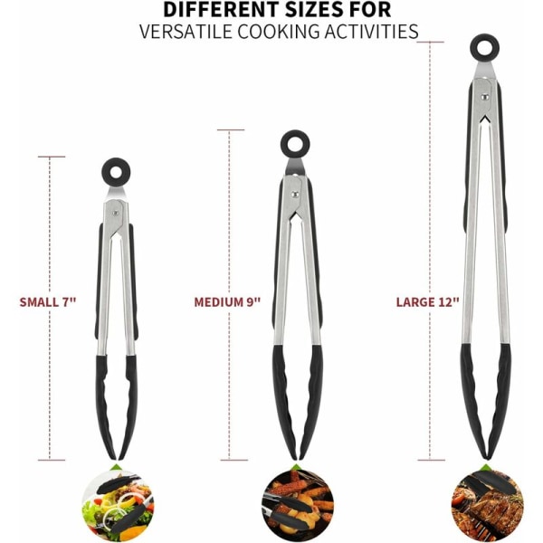 Set med 3 Grilltänger i Rostfritt Stål, Köksredskap med Värmebeständig Silikonkonhandtag, Icke-Klibbiga Buffétänger, BPA-Fri (Svart) - Fei Yu