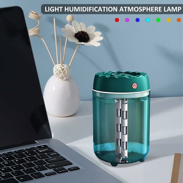 Luftfuktare för sovrum, luftfuktare med färgglada LED-lampor, 1,8L omkopplingsbar dubbelmunstycke kall dimma luftfuktare, USB automatisk avstängning luftfuktare för sovrum