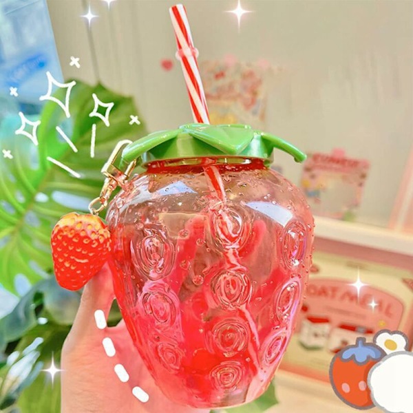 17 Oz Jordbærformet Kawaii Kop med Sugerør til Boba Tea, PP Søde Kopper med Låg og Sugerør, Kawaii Tekopflaske, Søde Drikkekopper Flaske til Gi