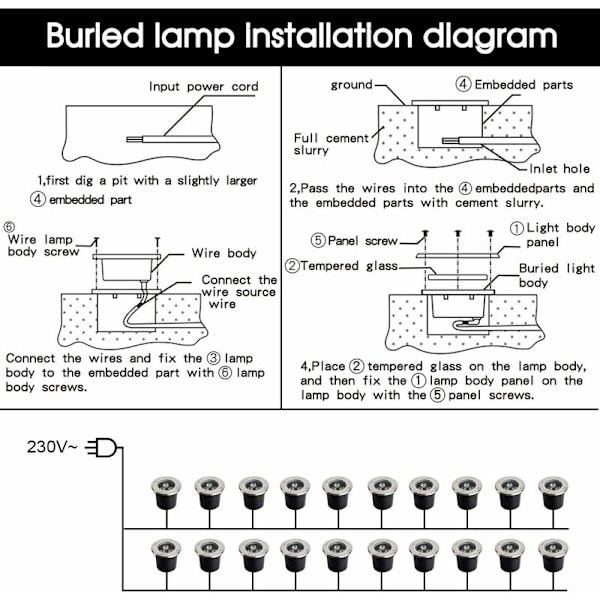 LED Indbygget Udendørs Rund 3W 230V AC 270Lumen Udendørs Have Spotlight 45 ° Varmt Hvidt 3000K Til Havegang Belysning