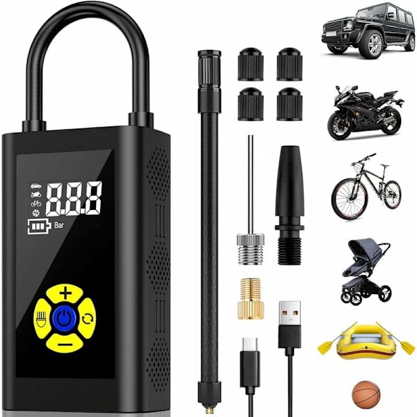 Bärbar luftkompressor, bilpumppump för bildäck, minikompressor för bil, digital LCD-display, 150 PSI, typ-C-laddning 2000 mAh med LED-lampa