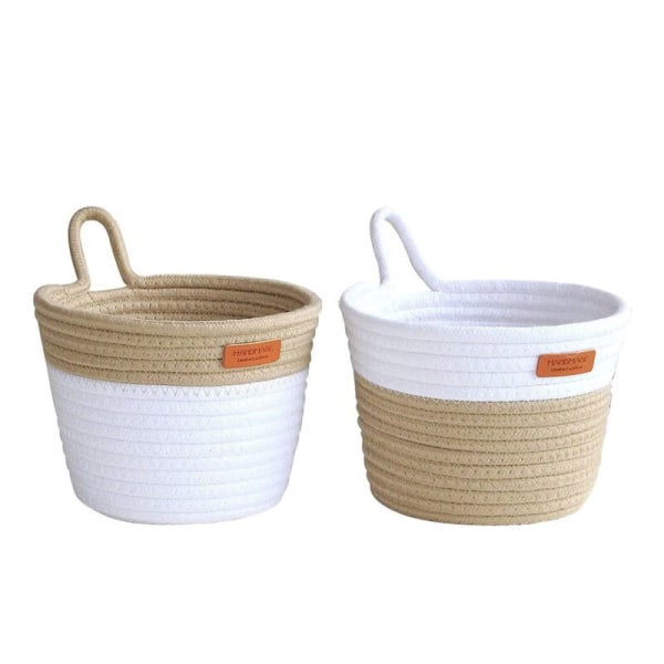 Väggmonterad förvaringskorg, liten bomullsrep vävd hängande korgar med handtag, Boho heminredning växtkorg (2-pack)