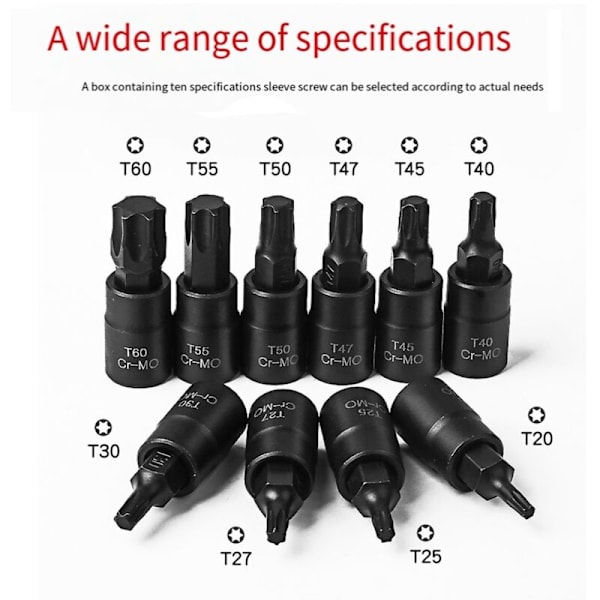 10-delt bitsæt, Sping Star Torx Hex Bits, T20-T60 med Premium-Mo stål, 3/8 tommer drev, forbedret opbevaring