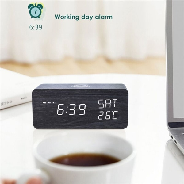 Snooze Digital Väckarklocka Temperatur och Luftfuktighet LED Elektronisk Klocka Smartphone 10W Laddare (Träfärg)