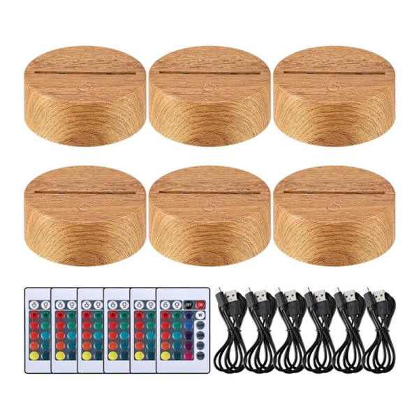 6 stk. 3D LED natlampe base julegave 16 farver LED lys display base med fjernbetjening USB kabel lampe base