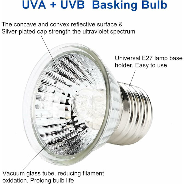 Varme og lys til krybdyr og amfibie tanke, 2 x 25W/ 50W/E27 UVA UVB pærer.