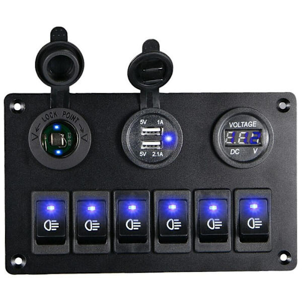 6-veis bryterpanel med 12V-24V LED digital voltmeter, dobbel USB-lader, pluss-kontakt for Rv Truck Boat Suv