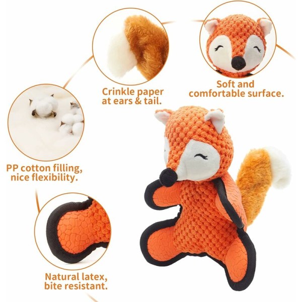 Plyschhund leksak med naturligt latex, tuggbeständig räv leksak, hund leksaker med högt papper som kan ringa, mjuk leksak för valpar(Orange)-Fei Yu
