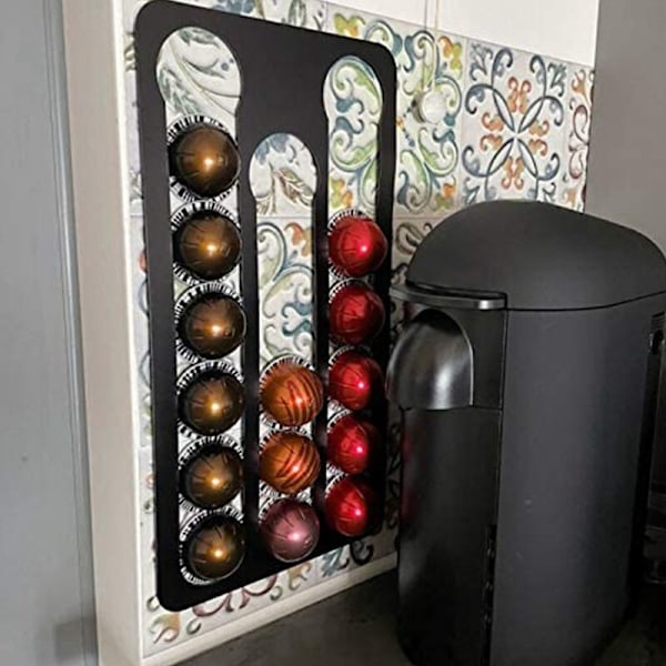 2X Vertuo Kapsel Kaffepod Holder, Veggmontert Kaffe Kapsel Oppbevaringsstativ, Kapasitet: 17, Svart