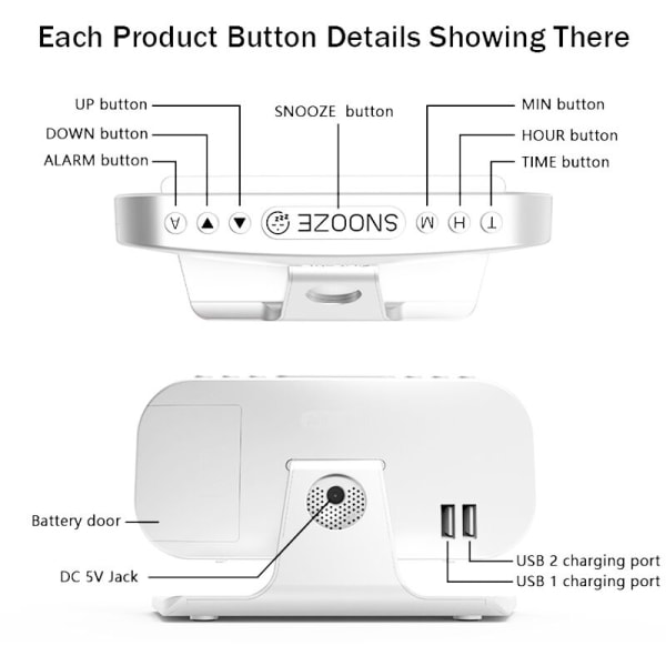 LED Digitalt Vækkeur 2-USB Opladningsport Nem at Indstille Snooze Bærbar Ur til Soveværelser Sengebord Hvid